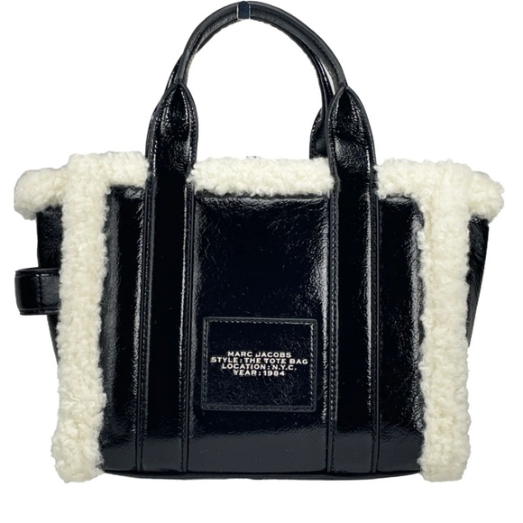 EUC Shiny Calfskin Faux Shearling Small The Traveler Tote Bag Black - Picture 2 of 4